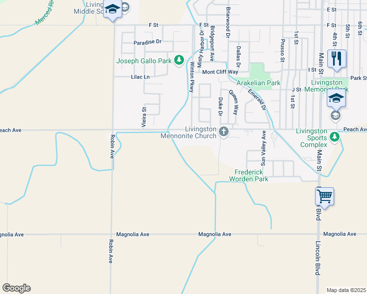 map of restaurants, bars, coffee shops, grocery stores, and more near 13687 Peach Avenue in Livingston