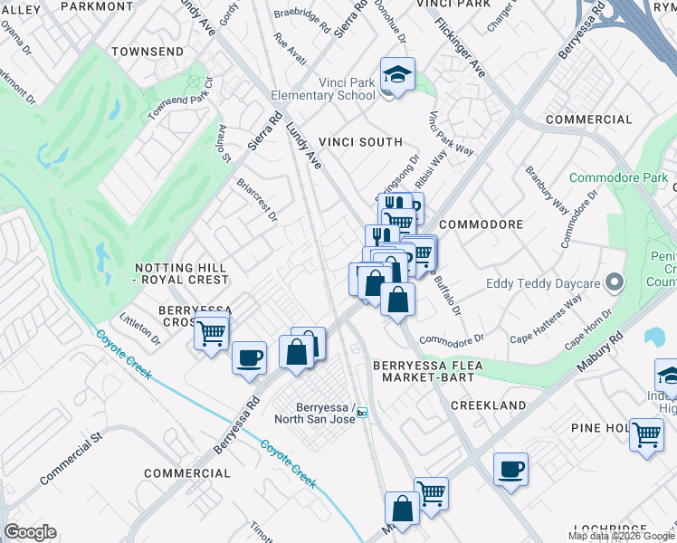 map of restaurants, bars, coffee shops, grocery stores, and more near 1700 Holin Street in San Jose