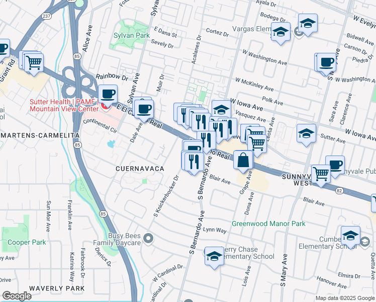 map of restaurants, bars, coffee shops, grocery stores, and more near in Sunnyvale