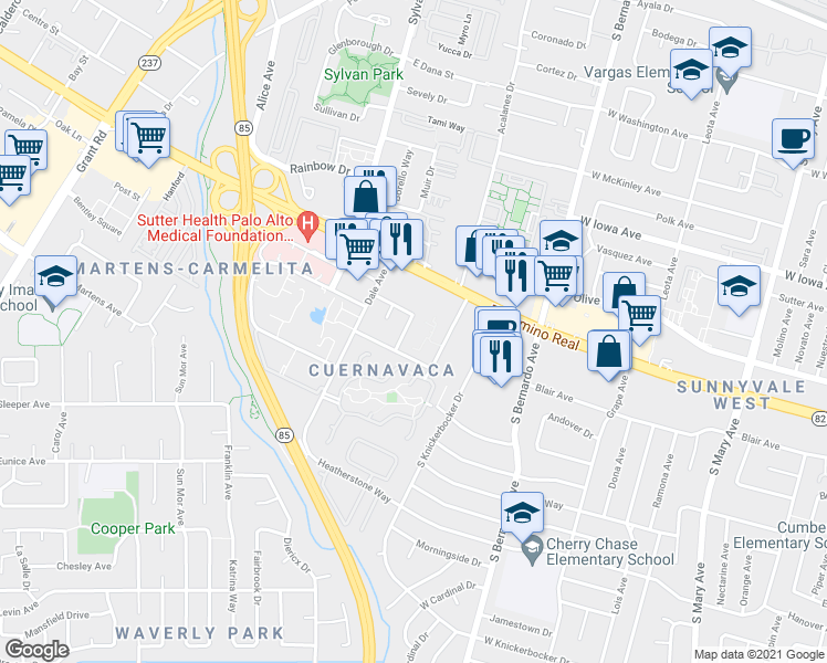 map of restaurants, bars, coffee shops, grocery stores, and more near 1015 Williams Way in Mountain View