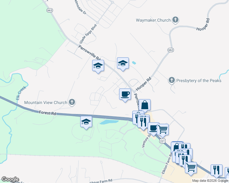 map of restaurants, bars, coffee shops, grocery stores, and more near 1360 Perrowville Road in Forest