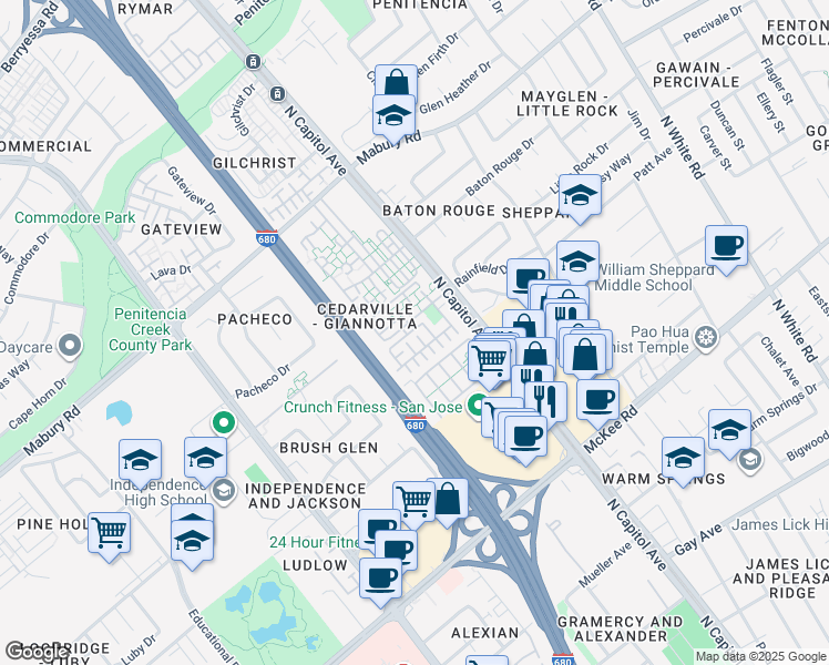 map of restaurants, bars, coffee shops, grocery stores, and more near 2502 Fruit Ranch Loop in San Jose