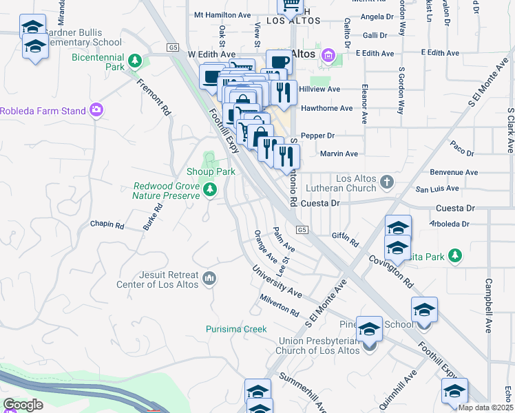 map of restaurants, bars, coffee shops, grocery stores, and more near 511 Orange Avenue in Los Altos