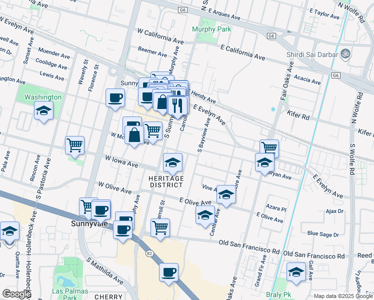 map of restaurants, bars, coffee shops, grocery stores, and more near 355 East McKinley Avenue in Sunnyvale