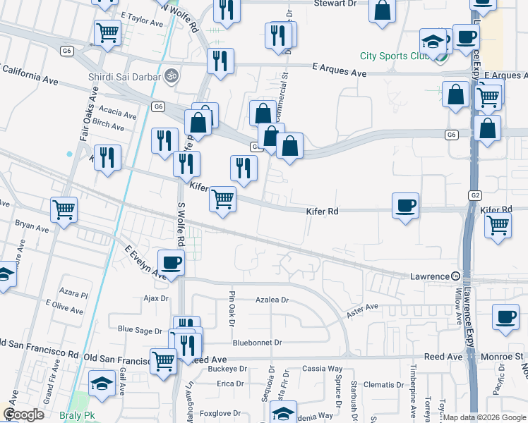 map of restaurants, bars, coffee shops, grocery stores, and more near 950 Kifer Road in Sunnyvale