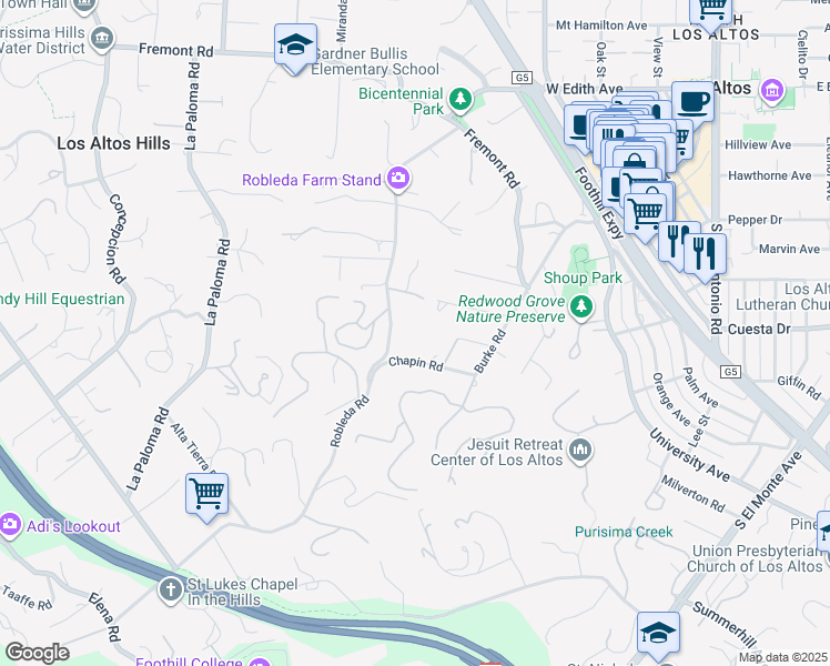 map of restaurants, bars, coffee shops, grocery stores, and more near 25671 Chapin Road in Los Altos Hills