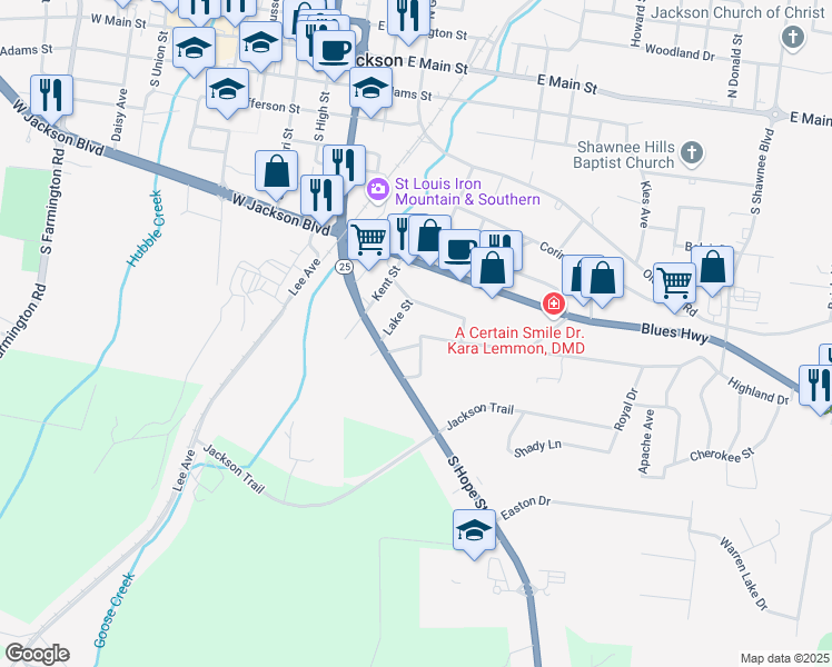 map of restaurants, bars, coffee shops, grocery stores, and more near 502 Highland Drive in Jackson