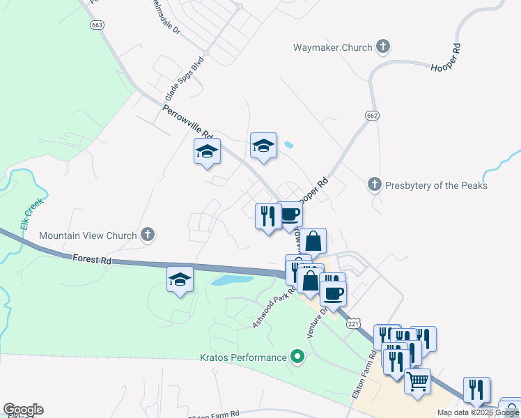 map of restaurants, bars, coffee shops, grocery stores, and more near 1360 Perrowville Road in Forest