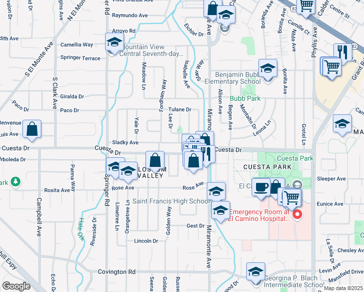 map of restaurants, bars, coffee shops, grocery stores, and more near 861 Sladky Ave in Mountain View
