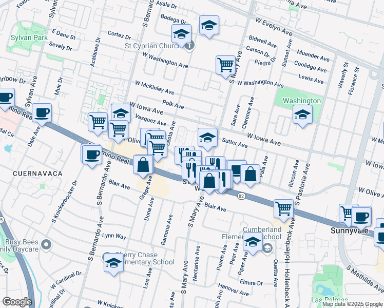 map of restaurants, bars, coffee shops, grocery stores, and more near 1055 Valencia Avenue in Sunnyvale