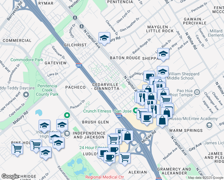 map of restaurants, bars, coffee shops, grocery stores, and more near 2523 Easton Lane in San Jose