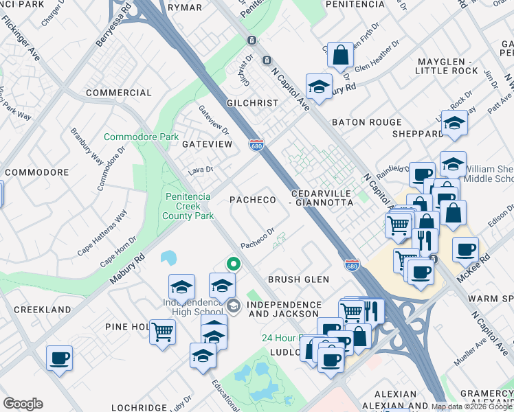 map of restaurants, bars, coffee shops, grocery stores, and more near 717 Anvil Court in San Jose