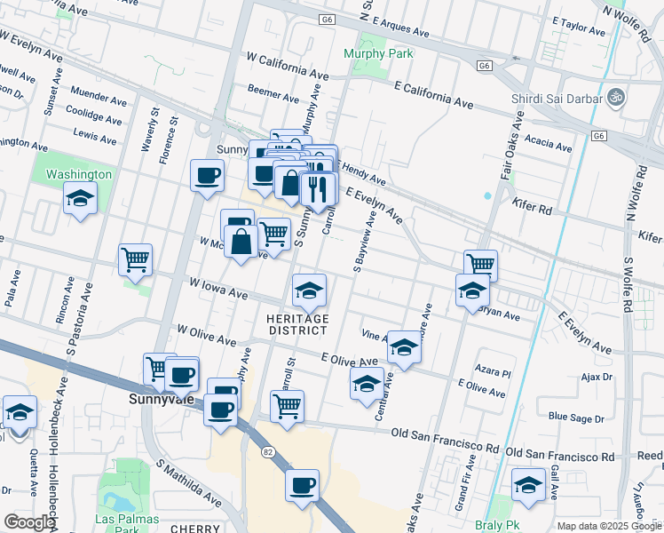 map of restaurants, bars, coffee shops, grocery stores, and more near 355 East McKinley Avenue in Sunnyvale