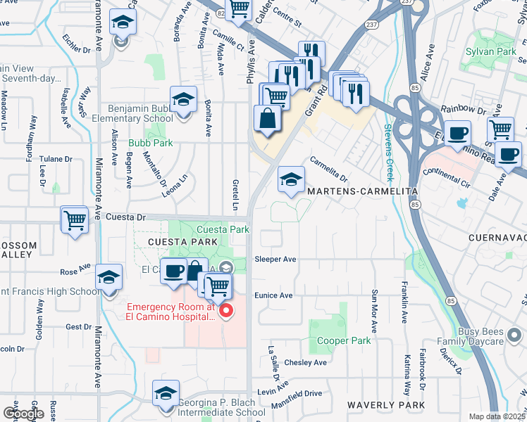 map of restaurants, bars, coffee shops, grocery stores, and more near 1831 Grant Road in Mountain View