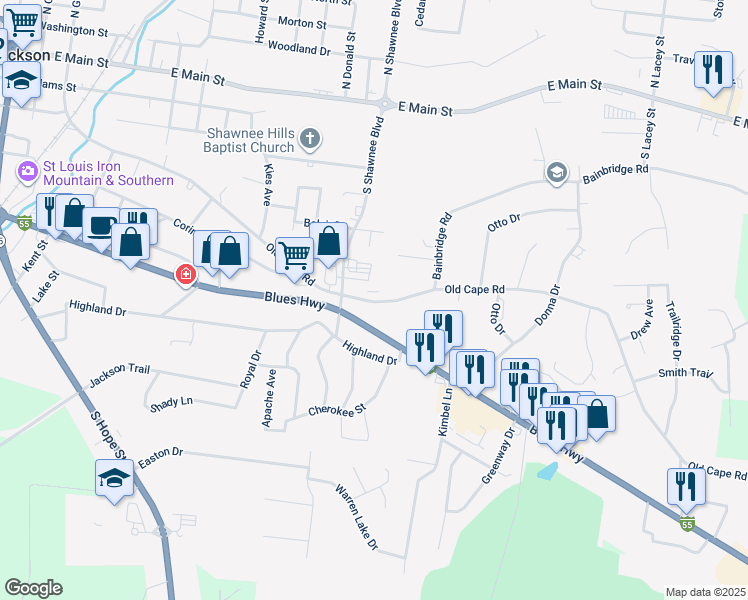 map of restaurants, bars, coffee shops, grocery stores, and more near 1514 Old Cape Road in Jackson