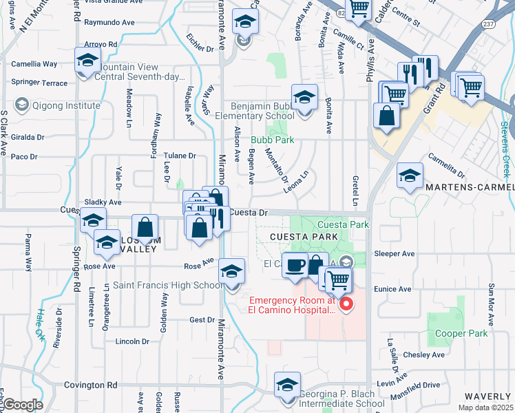 map of restaurants, bars, coffee shops, grocery stores, and more near 766 Cuesta Drive in Mountain View