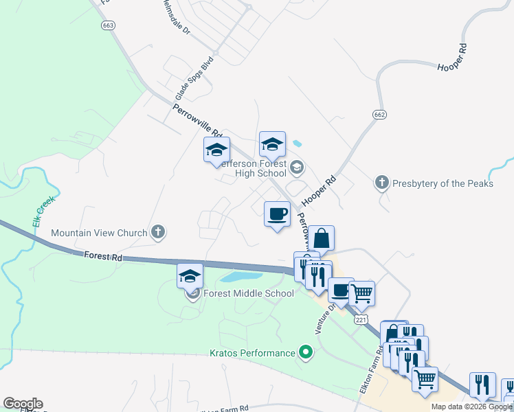 map of restaurants, bars, coffee shops, grocery stores, and more near 1360 Perrowville Road in Forest
