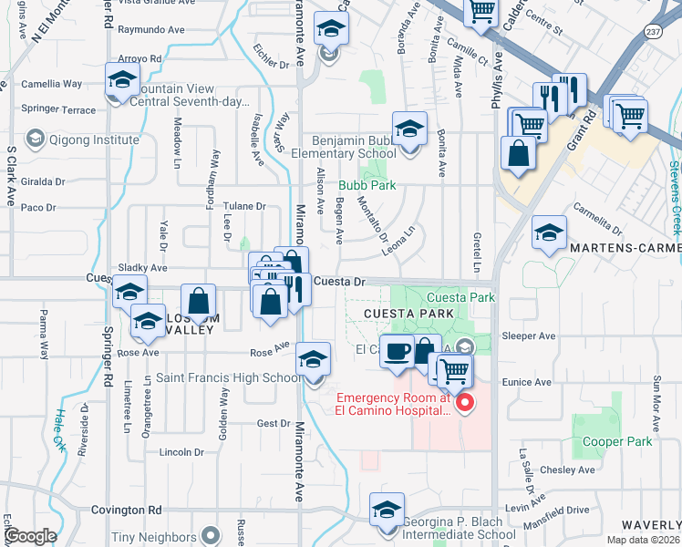 map of restaurants, bars, coffee shops, grocery stores, and more near 772 Cuesta Drive in Mountain View