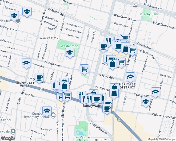 map of restaurants, bars, coffee shops, grocery stores, and more near 517 West Iowa Avenue in Sunnyvale
