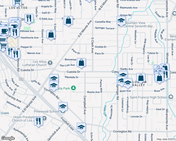 map of restaurants, bars, coffee shops, grocery stores, and more near 529 Cuesta Drive in Los Altos