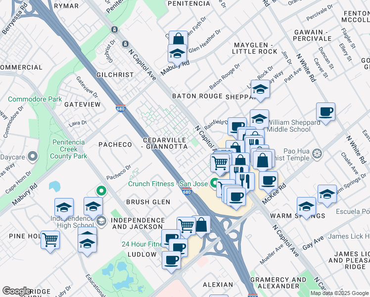map of restaurants, bars, coffee shops, grocery stores, and more near 2580 Gimelli Way in San Jose