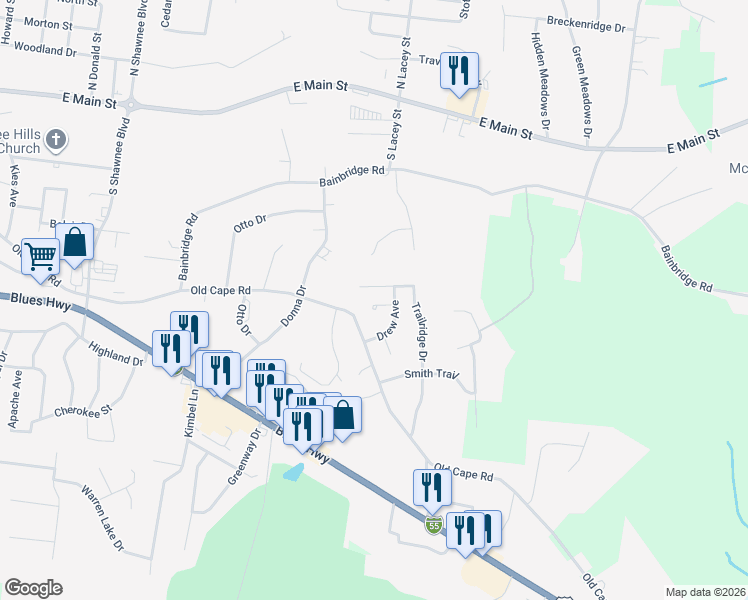map of restaurants, bars, coffee shops, grocery stores, and more near 2216 Shannon Court in Jackson