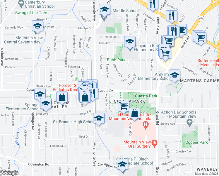 map of restaurants, bars, coffee shops, grocery stores, and more near 766 Cuesta Drive in Mountain View