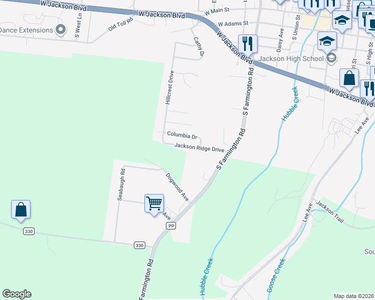 map of restaurants, bars, coffee shops, grocery stores, and more near 1655 Jackson Ridge Drive in Jackson
