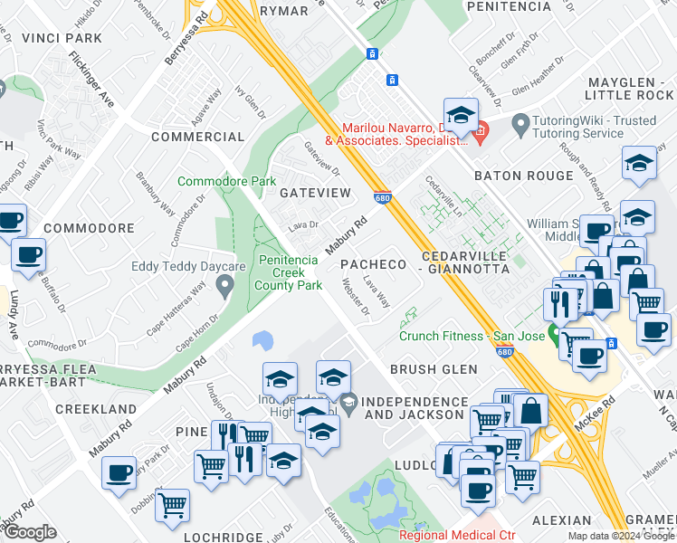 map of restaurants, bars, coffee shops, grocery stores, and more near 2352 Darnell Court in San Jose