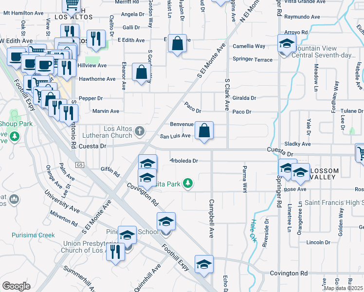 map of restaurants, bars, coffee shops, grocery stores, and more near 395 Cuesta Drive in Los Altos