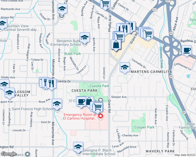 map of restaurants, bars, coffee shops, grocery stores, and more near 1674 Gretel Lane in Mountain View