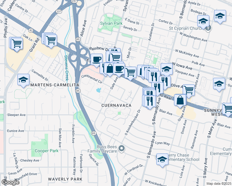 map of restaurants, bars, coffee shops, grocery stores, and more near 1042 Golf Court in Mountain View