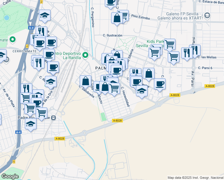map of restaurants, bars, coffee shops, grocery stores, and more near 36 Calle Sinceridad in Sevilla