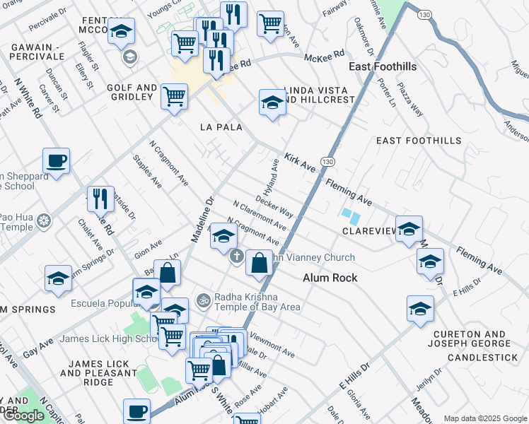 map of restaurants, bars, coffee shops, grocery stores, and more near North Claremont Avenue in San Jose