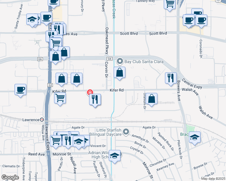 map of restaurants, bars, coffee shops, grocery stores, and more near 3305 Kifer Road in Santa Clara