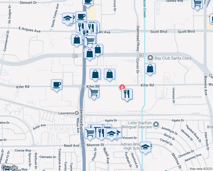 map of restaurants, bars, coffee shops, grocery stores, and more near 2944 Feliz Road in Santa Clara