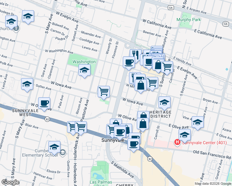 map of restaurants, bars, coffee shops, grocery stores, and more near in Sunnyvale