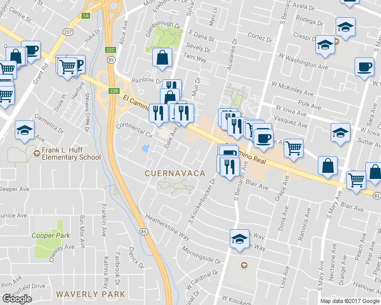 map of restaurants, bars, coffee shops, grocery stores, and more near 1015 Williams Way in Mountain View