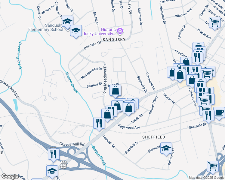 map of restaurants, bars, coffee shops, grocery stores, and more near 6024 Igloe Drive in Lynchburg