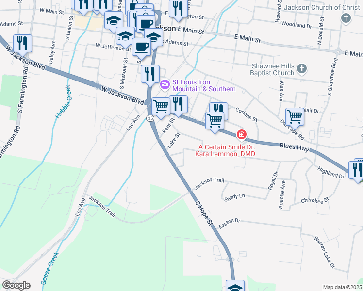 map of restaurants, bars, coffee shops, grocery stores, and more near 502 Highland Drive in Jackson
