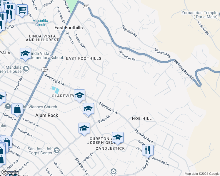 map of restaurants, bars, coffee shops, grocery stores, and more near 14905 East Hills Drive in San Jose