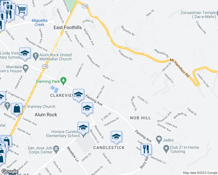 map of restaurants, bars, coffee shops, grocery stores, and more near 14905 East Hills Drive in San Jose