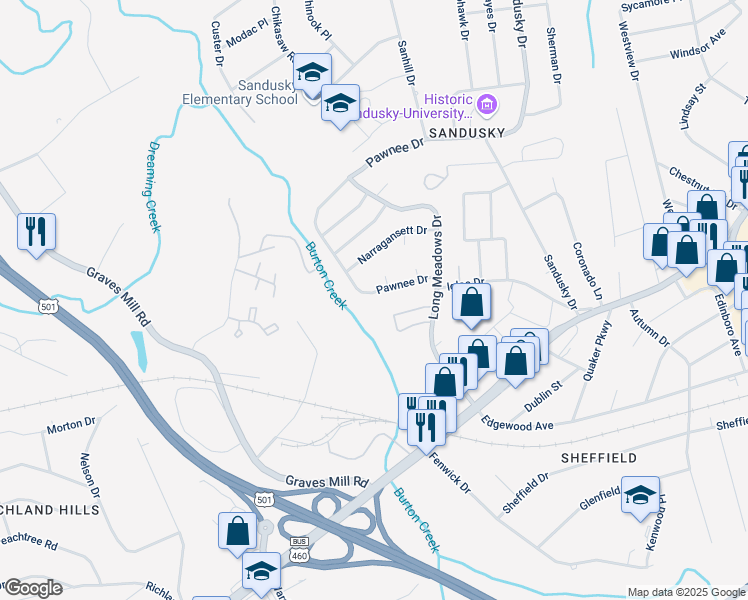 map of restaurants, bars, coffee shops, grocery stores, and more near 6332 Pawnee Drive in Lynchburg