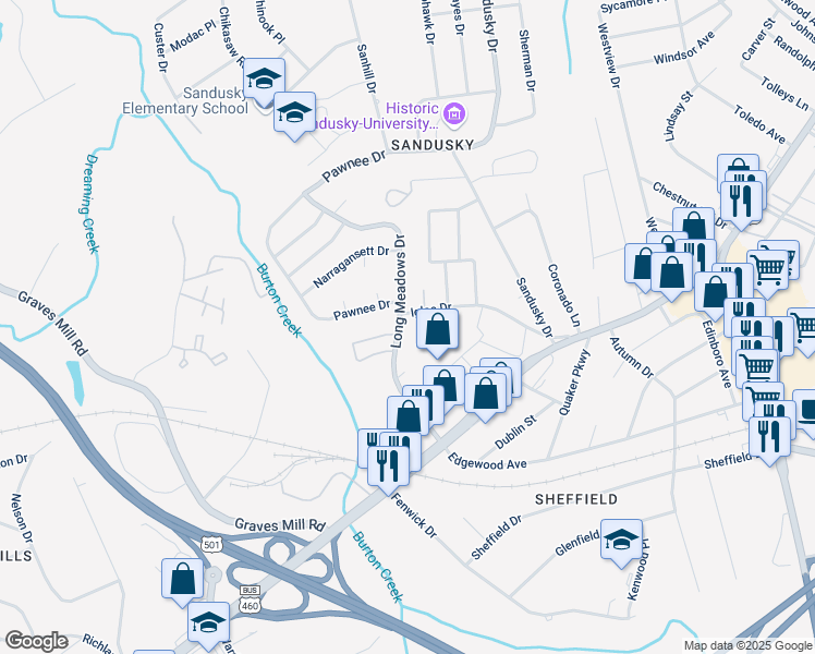 map of restaurants, bars, coffee shops, grocery stores, and more near 1144 Long Meadows Drive in Lynchburg