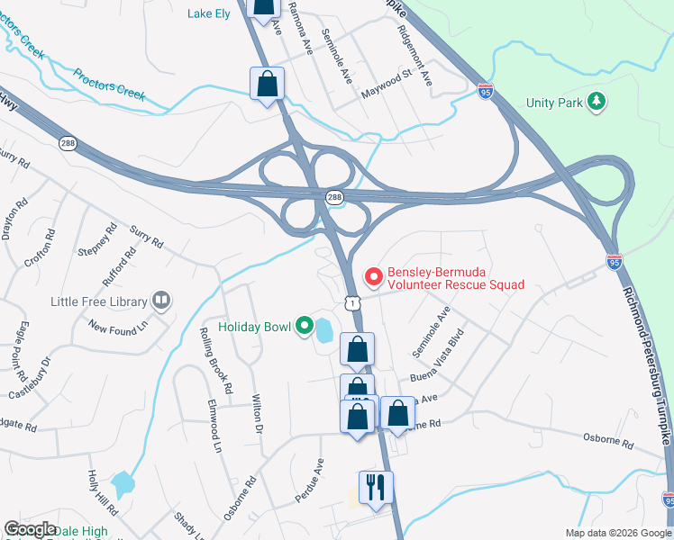 map of restaurants, bars, coffee shops, grocery stores, and more near 11242 Jefferson Davis Highway in Chester