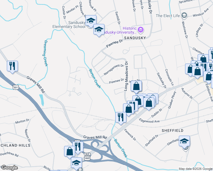 map of restaurants, bars, coffee shops, grocery stores, and more near 6326 Pawnee Drive in Lynchburg