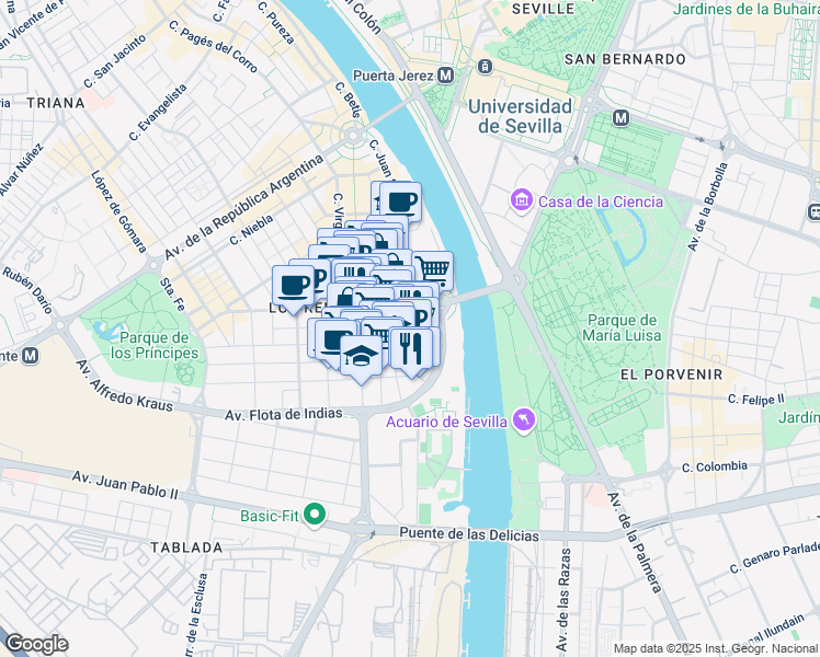 map of restaurants, bars, coffee shops, grocery stores, and more near 5a Calle Virgen de Robledo in Sevilla