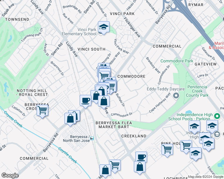 map of restaurants, bars, coffee shops, grocery stores, and more near 981 Cape Buffalo Drive in San Jose