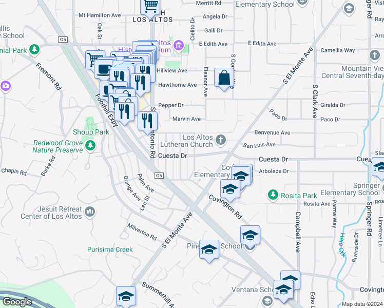 map of restaurants, bars, coffee shops, grocery stores, and more near 488 Gabilan Street in Los Altos