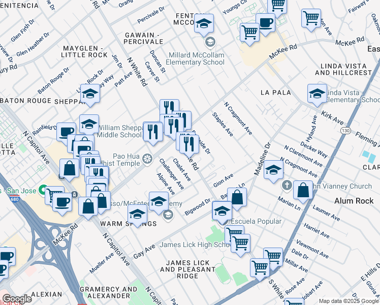 map of restaurants, bars, coffee shops, grocery stores, and more near 3105 White Terrace in San Jose